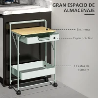 HOMCOM Carrito Auxiliar con Ruedas de 2 Niveles con Cajón Encimera y Cesta de Rejilla para Dormitorio Baño Cocina Verde Claro(m-4)