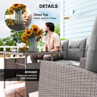 Outsunny 5 Seater Rattan Garden Furniture Set, 2 Armchairs, 3-Seater Wicker Sofa, 2 Footstools and Glass Table, 6 Piece Patio Rattan furniture Sofa Sets with Cushions for Conservatory, Grey(m-6)
