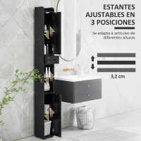 HOMCOM Columna de Baño con 2 Puertas Compartimento Abierto Estantes Ajustables y Portarrollos 20x20x185 cm Negro(m-5)