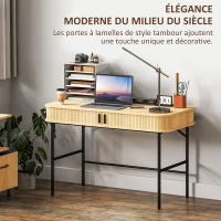 HOMCOM Bureau d'ordinateur table de bureau informatique portes à tambour à lattes 2 compartiments 120 x 60 cm ton chêne et noir(m-4)