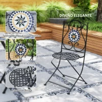 Outsunny Conjunto de Jardín de 3 Piezas con Mesa Redonda y Sillas Plegables y Patrón de Mosaico Geométrico Multicolor(m-6)