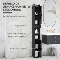 HOMCOM Columna de Baño con 2 Puertas Compartimento Abierto Estantes Ajustables y Portarrollos 20x20x185 cm Negro(m-4)