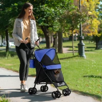 PawHut Foldable Dog Stroller, Lightweight Dog Pram w/ Shoulder Strap, Storage Bag, Cup Holder, Dark Blue(m-2)