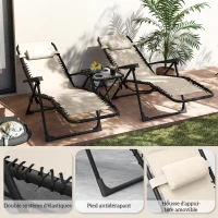 Outsunny Lot de 2 chaise longue pliable et inclinable avec table d'appoint, porte-gobelets et appuie-têtes, charge 120 kg, beige(m-8)