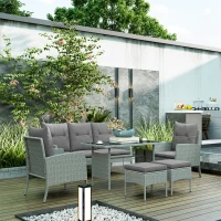 Outsunny 5 Seater Rattan Garden Furniture Set, 2 Armchairs, 3-Seater Wicker Sofa, 2 Footstools and Glass Table, 6 Piece Patio Rattan furniture Sofa Sets with Cushions for Conservatory, Grey(m-9)