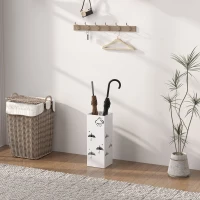 HOMCOM Paragüero de Acero con Bandeja Recoge Gotas Ganchos para Paraguas Plegables y Diseño Decorativo 15,5x15,5x41 cm Blanco(m-7)