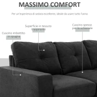 HOMCOM Divano 3 Posti ad Angolo con Penisola Reversibile e Cuscini, in Tessuto Effetto Lino, 193x136x85 cm, Nero(m-4)