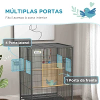 PawHut Gaiola para Pássaros com Rodas Gaiola para Aves com Comedouro Poleiro Baloiço e Bandeja Amovível 48x46x74 cm Cinzento(m-5)