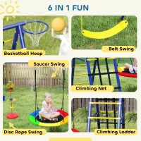 AIYAPLAY 6 in 1 Metal Kids Swing Set with 3 Swings, Climbing Ladder & Net, Basketball Hoop, for Ages 3-8(m-4)