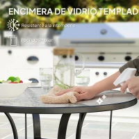 Outsunny Mesa Redonda para Jardín con Orificio para Sombrilla Encimera de Vidrio Estructura Metálica Ø96,5x71 cm Negro(m-4)