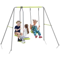Outsunny Baloiço para Crianças Baloiço Jardim com 1 Baloiço Simples 1 Planador e Anti-UV 255x160x180 cm Cinza e Verde(m-4)
