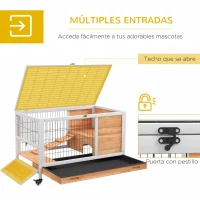 PawHut Jaula de Conejos Conejera para Mascotas Pequeñas con Techo Abrible y Bandeja Extraíble 90x53x59 cm Natural(m-5)