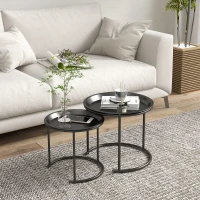HOMCOM Nesting Tables Set of 2, Side End Table with Removable Tabletop Tray and Steel Frame for Living Room, Bedroom, Black(m-7)