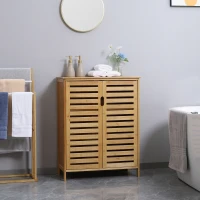 kleankin Badezimmerschrank, Bambusschrank mit Lamellendesign für Badezimmer, Flur, kompakte Größe, viel Stauraum, Naturholz(m-2)