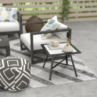 Outsunny Mesa Auxiliar de Jardín con Encimera de Aspecto Piedra Gris y Estructura Negra 55x55x46 cm Mesita de Exterior Compacta(m-9)