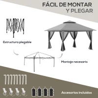 Outsunny Carpa Plegable Pop-up con Altura Ajustable Protección UV50+ Doble Techo y Mosquiteras 4x4x2,8 m Gris(m-5)