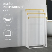 kleankin Toallero de Pie Escalonado con 3 Barras de Bambú y Marco de Acero para Baño Lavadero 45x22,5x86 cm Blanco y Natural(m-6)