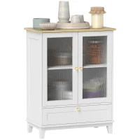 HOMCOM Aparador de Salón con Cajón y Estante Ajustable Aparador de 2 Puertas de Vidrio 68x35x85 cm Blanco y Roble(m-10)