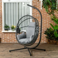 Outsunny Silla Colgante Huevo con Soporte con Cesta Plegable Cojín y Reposacabezas para Interior y Exterior Carga 120 kg Gris(m-2)