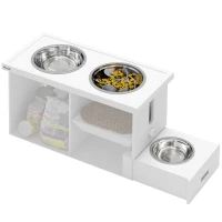 PawHut Raised Dog Bowls w/ Slow Feeder Mat, Storage Cabinet, Three Stainless Steel Bowls, Semi Auto Dispenser Function, White(m-1)