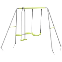 Outsunny Baloiço para Crianças Baloiço Jardim com 1 Baloiço Simples 1 Planador e Anti-UV 255x160x180 cm Cinza e Verde(m-1)