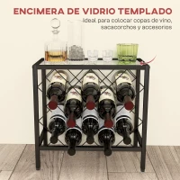 HOMCOM Botellero Vino para 10 Botellas con Encimera de Vidrio Templado y Marco de Acero para Salón Comedor 41x22x41 cm Negro(m-5)