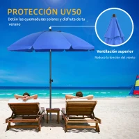 Outsunny Sombrilla de Playa con Protección UV50+ Mástil de Ø32 mm y Toldo Ajustable Ø180x209 cm Azul(m-4)