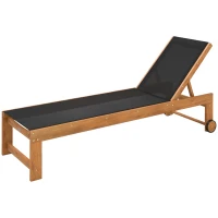 Outsunny Espreguiçadeira de Madeira Espreguiçadeira de Jardim com Rodas Encosto Ajustável em 4 Níveis 186x60x33 cm Teca e Preto(m-11)