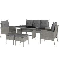 Outsunny 5 Seater Rattan Garden Furniture Set, 2 Armchairs, 3-Seater Wicker Sofa, 2 Footstools and Glass Table, 6 Piece Patio Rattan furniture Sofa Sets with Cushions for Conservatory, Grey(m-11)