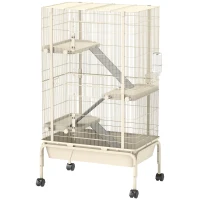 PawHut Jaula para Animales Pequeños de 4 Niveles con Ruedas Rampas Cuenco Botella de Agua 69x44x120 cm Beige(m-1)