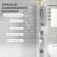 HOMCOM Columna de Baño con 2 Puertas Compartimento Abierto Estantes Ajustables y Portarrollos 20x20x185 cm Blanco(m-4)