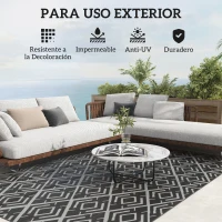 Outsunny Alfombra de Exterior Reversible 182x274 cm con Patrón Geométrico de Rombos Impermeable Bolsa de Transporte Negro(m-6)