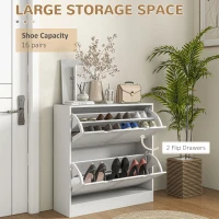 HOMCOM 2 Drawers Entryway Shoe Cabinet, Narrow Shoe Storage Cabinet with 2 Flip Drawers, Louvred Door Design and Adjustable Shelves for 16 Pairs of Shoes, White(m-4)