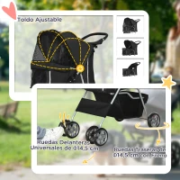 PawHut Carrito para Perros Pequeños con Toldo Ajustable Cesta de Almacenaje Portavasos y Ruedas 75x45x97 cm Negro(m-6)