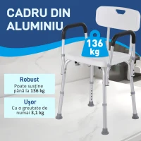 HOMCOM Scaun de Duș cu Spătar, Brațe, Înălțime Reglabilă și Picioare Antiderapante, 51,5x51,5x71-84 cm, Alb(m-4)