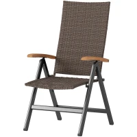 Outsunny Folding Rattan Garden Dining Chair with 5-level Reclining High Back, Wood Armrests for Outdoor, Patio - Brown(m-11)