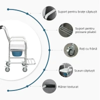 HOMCOM Scaun WC 3 în 1 Pliabil cu Rotile Pivotante, Vas Detașabil și Înălțime Reglabilă, 54x68-84x95 cm, Alb(m-5)