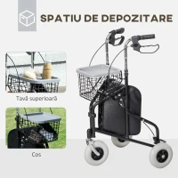 HOMCOM Cadru de Mers cu Înălțime Reglabilă, 2 Frâne, Coș și Tavă, 60x62x84-100,5 cm, Negru(m-4)