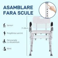 HOMCOM Scaun de Duș cu Spătar, Brațe, Înălțime Reglabilă și Picioare Antiderapante, 51,5x51,5x71-84 cm, Alb(m-6)