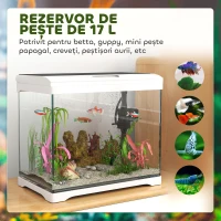PawHut Acvariu din Sticlă de 17L pentru Pești cu Iluminare LED,  Sistem de Filtrare și Pompă de Apă, 35x21x31 cm, Alb(m-5)