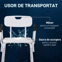 HOMCOM Scaun de Duș cu Spătar, Brațe, Înălțime Reglabilă și Picioare Antiderapante, 51,5x51,5x71-84 cm, Alb(m-8)
