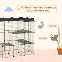 PawHut Țarc Modular pentru Animale de Talie Mică, cu Panouri și Accesorii, 105x70x116 cm, Negru(m-7)