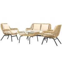 Outsunny Set de Grădină din 4 Piese cu Canapea, Fotolii cu Perne și Măsuță de Cafea, 118x69x73 cm, Bej(m-10)
