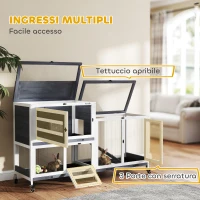 PawHut Conigliera a 2 Livelli con Rampa e 3 Vassoi, in Legno di Abete e Acciaio, 147x45x89.5 cm, Grigio e Bianco(m-7)