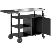 Outsunny Outdoor BBQ Trolley with Foldable Side Table, Stainless Steel Top, Outdoor Kitchen with Wheels Hooks Shelves Cabinet, Pizza Oven Table Movable Barbecue Grill Dining Cart with Cover, Black(m-11)