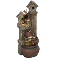Outsunny 2-in-1 Waterfall Fountain with Birdhouse, Resin Garden Water Fountain with LED Lights Pump, Cascading Garden Water Feature with Tree Trunk Design, Multi-colour(m-1)