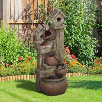 Outsunny 2-in-1 Waterfall Fountain with Birdhouse, Resin Garden Water Fountain with LED Lights Pump, Cascading Garden Water Feature with Tree Trunk Design, Multi-colour(m-8)