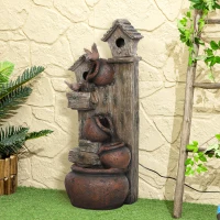 Outsunny 2-in-1 Waterfall Fountain with Birdhouse, Resin Garden Water Fountain with LED Lights Pump, Cascading Garden Water Feature with Tree Trunk Design, Multi-colour(m-10)