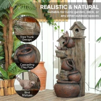 Outsunny 2-in-1 Waterfall Fountain with Birdhouse, Resin Garden Water Fountain with LED Lights Pump, Cascading Garden Water Feature with Tree Trunk Design, Multi-colour(m-7)