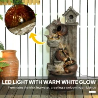 Outsunny 2-in-1 Waterfall Fountain with Birdhouse, Resin Garden Water Fountain with LED Lights Pump, Cascading Garden Water Feature with Tree Trunk Design, Multi-colour(m-5)